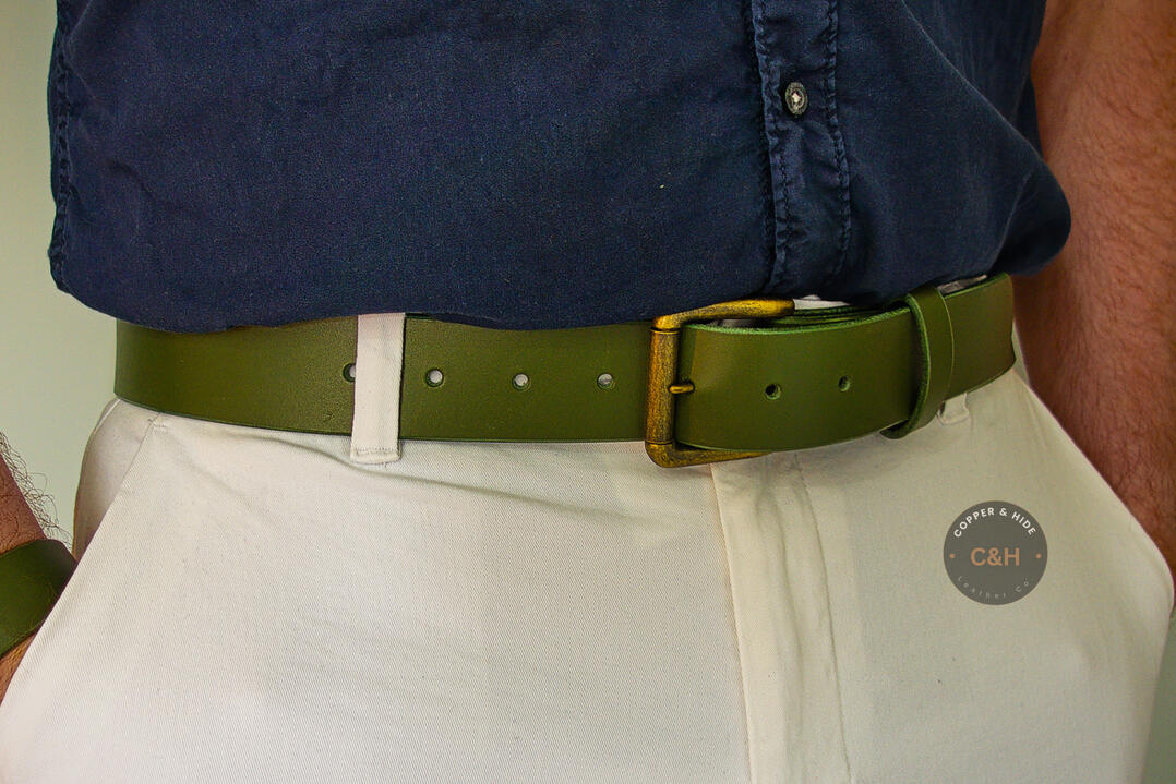 The Viridian | Forest Green Leather, Antique Brass Hardware | Handmade Men's Belt | Gift for Him | UK Artisan