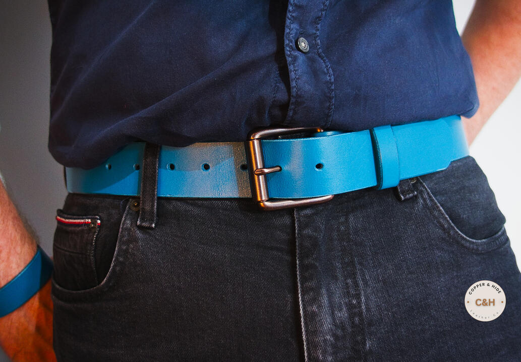 The Azurite | Turquoise Leather, Copper Hardware | Handmade Men's Belt | Gift for Him | UK Artisan